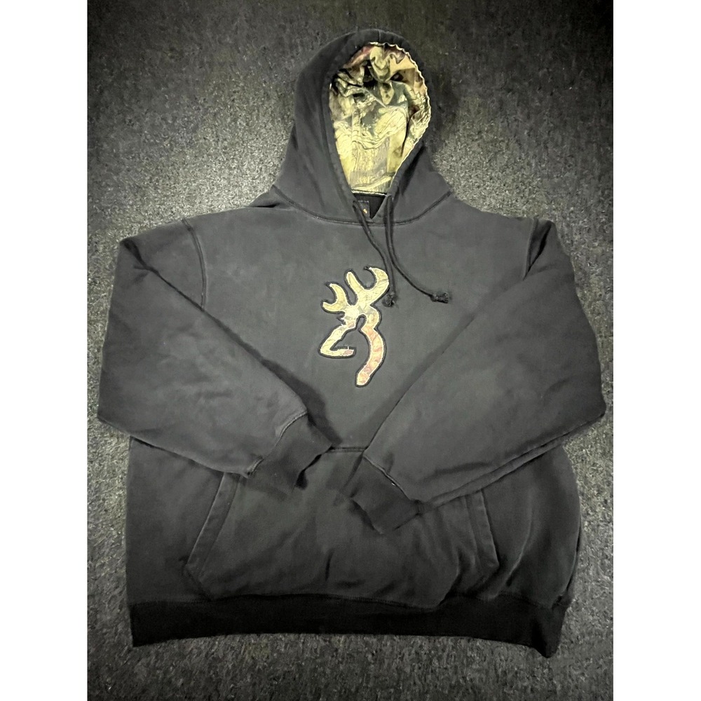 Y2K Browning Buckmark Hoodie Mens XL Black Cotton Camo Fleece Lined Hunting